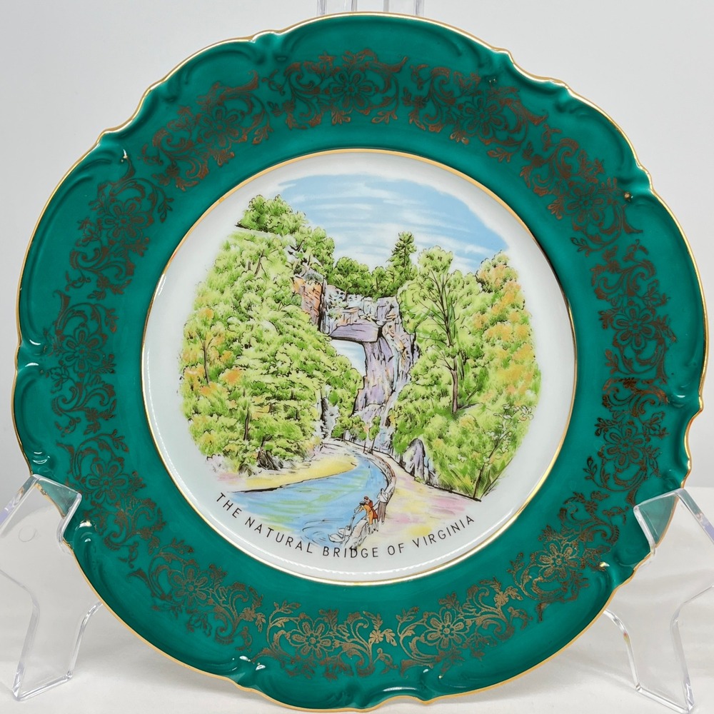 Vintage Jessup Bavaria Natural Bridge VA Souvenir Plate Green & Gold